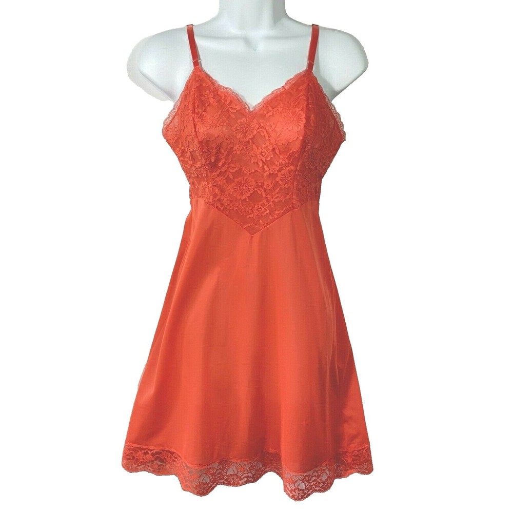 Vintage Vanity Fair Orange Lingerie Lace Nylon Full Slip Size 8 Petite Small